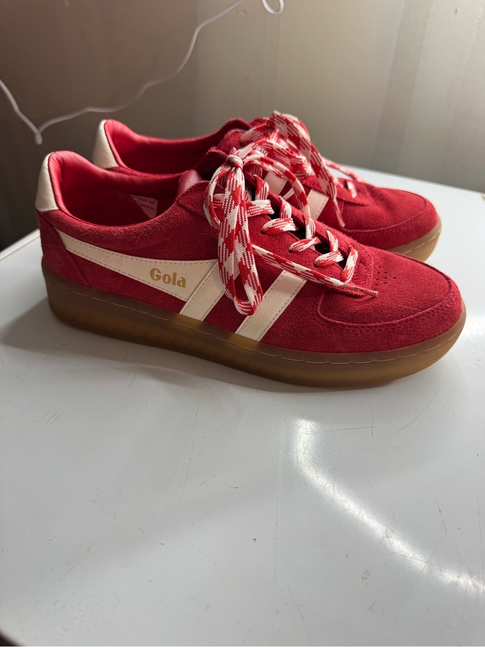 Gola Red Suede Sneakers with Cream Stripes and Gum Sole